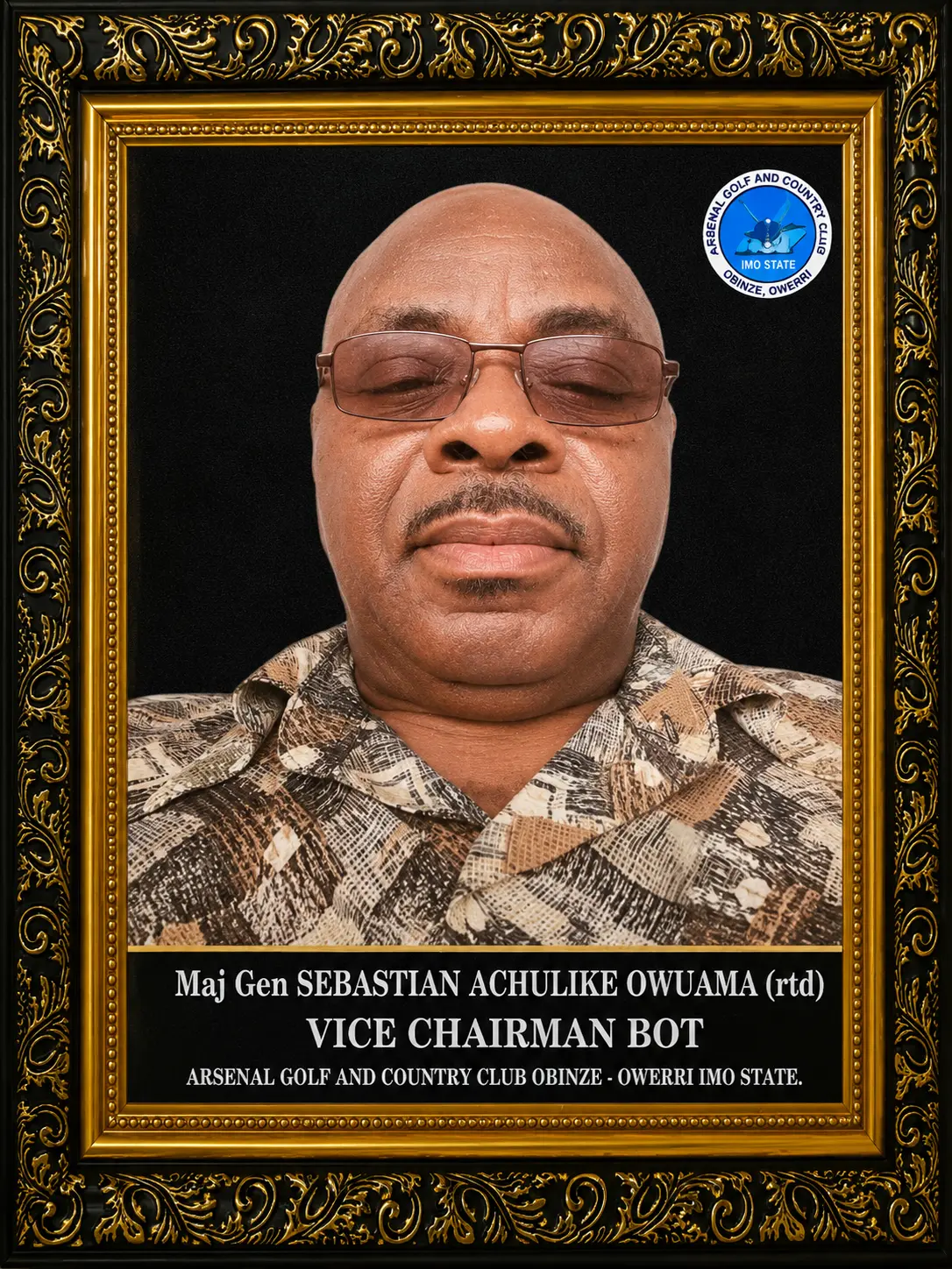 Framed portrait of Maj Gen Sebastian Achulike Owuama (rtd), Vice Chairman, Board of Trustees, Arsenal Golf & Country Club